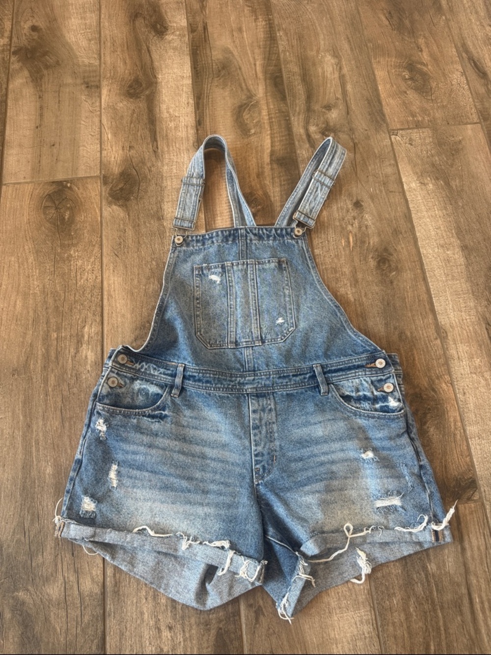 KanCan Distressed Blue Denim Short Overalls